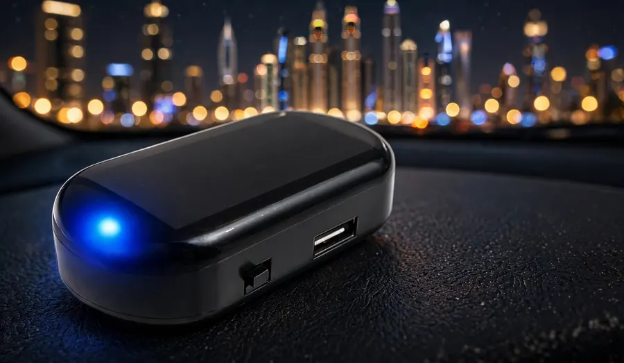 لقطة قريبة لجهاز الإنذار ضد السرقة ومنفذ USB والضوء الأزرق